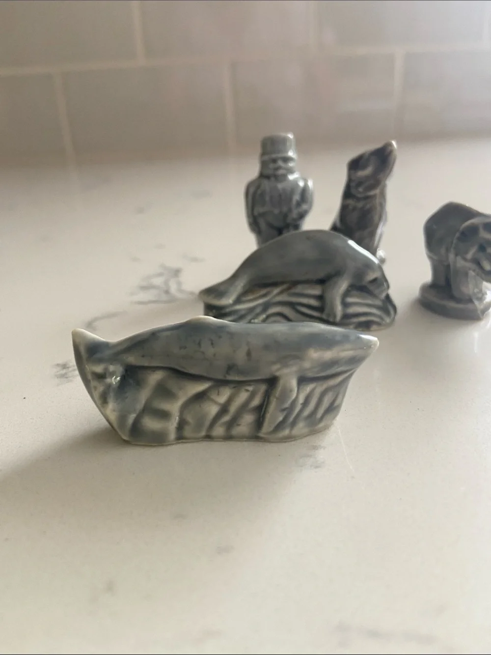 Vintage Wade England Whimsies Lot of 5 Gray Miniature Figurines Whale Wolf Eleph